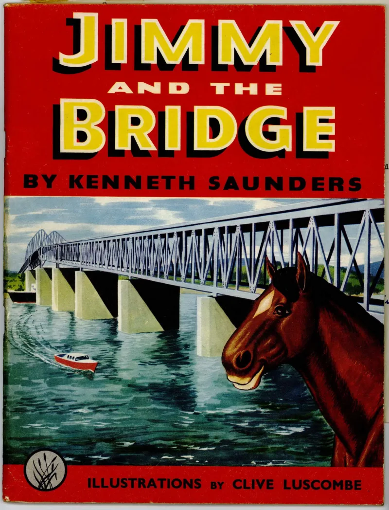 The cover of the book "Jimmy and the Bridge" showing a smiling horse and the Auckland Harbour Bridge.