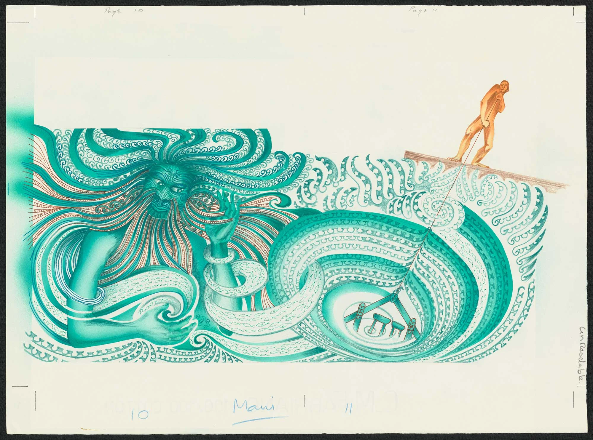 Coloured illustration of a sea god in green curved lines and a man on a boat pulling a rope from the water
