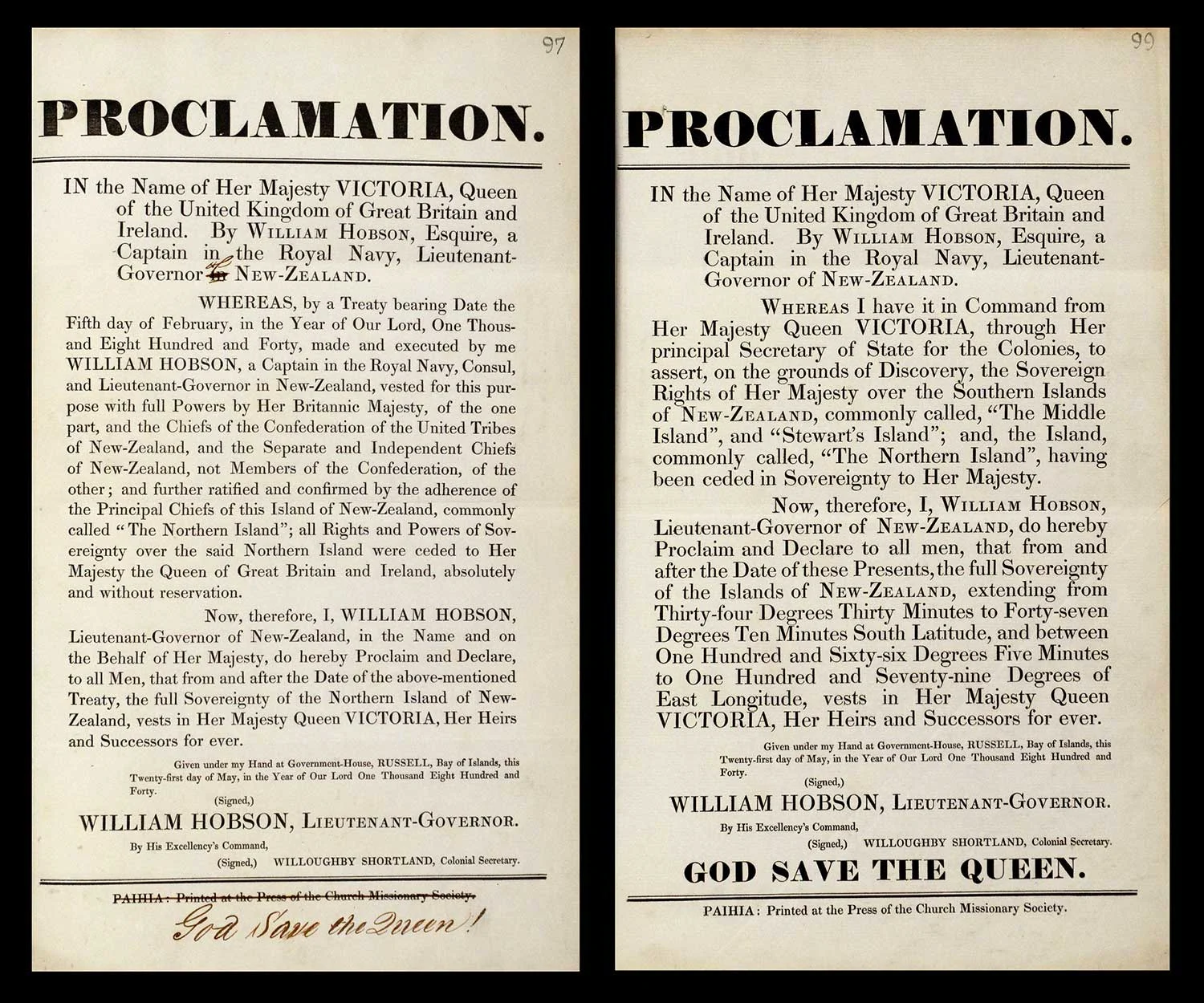2 rectangular sheets of paper filled with printed text. Each one is titled ‘Proclamation’