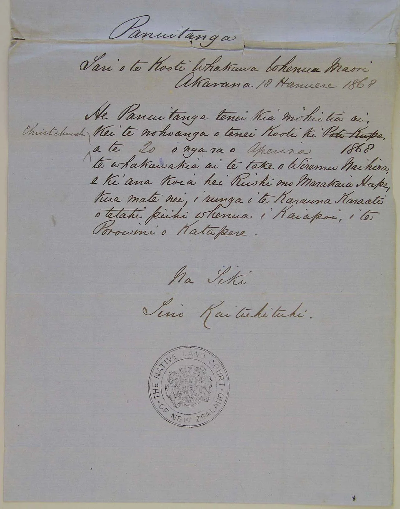 Land claim by Wi Naehira - 1868 - Bottom