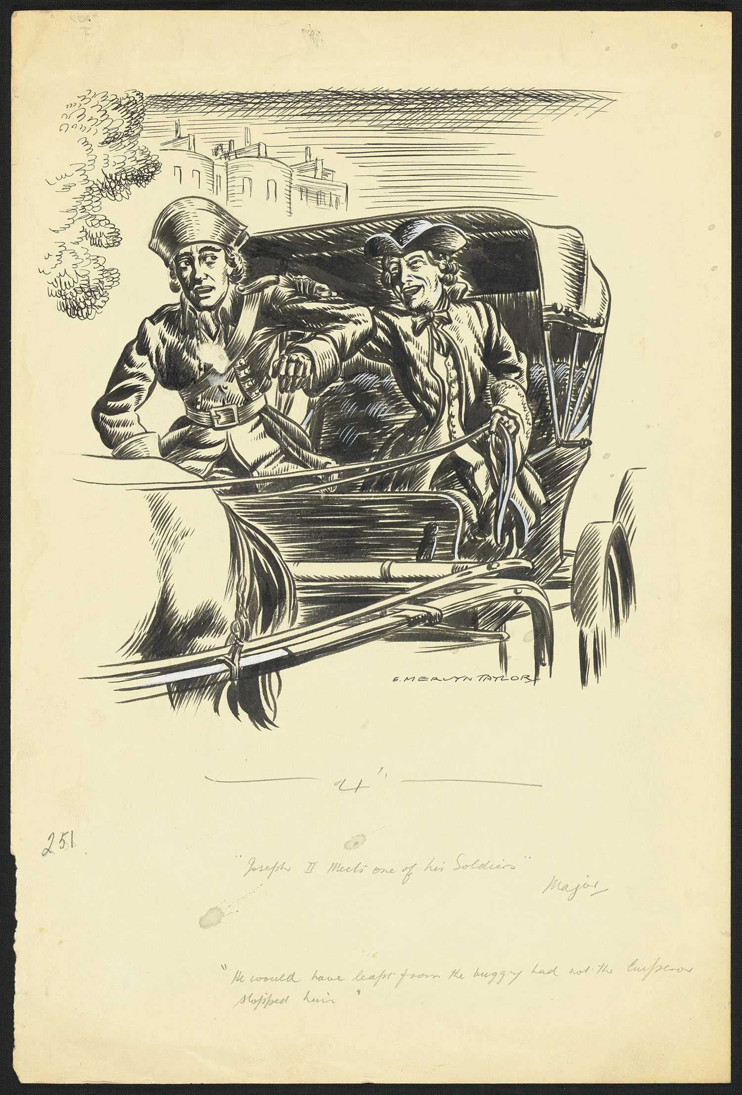  Black print on an old yellowed paper showing a man driving a horse cart and another man wearing a hat sits beside him. 
