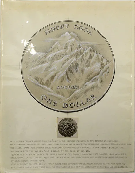 Detailed pencil drawing of a mountain in a circle, with words Mount Cook on the top and One Dollar at the botttom