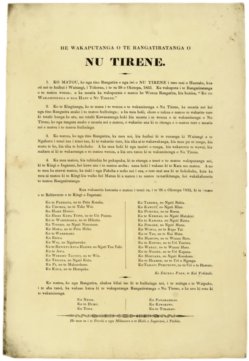 Printed copy of the Declaration of the Independence of the United Tribes of New Zealand
