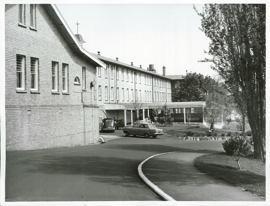 Black and white photo of an old building with a car parked in the front and a tree on the right