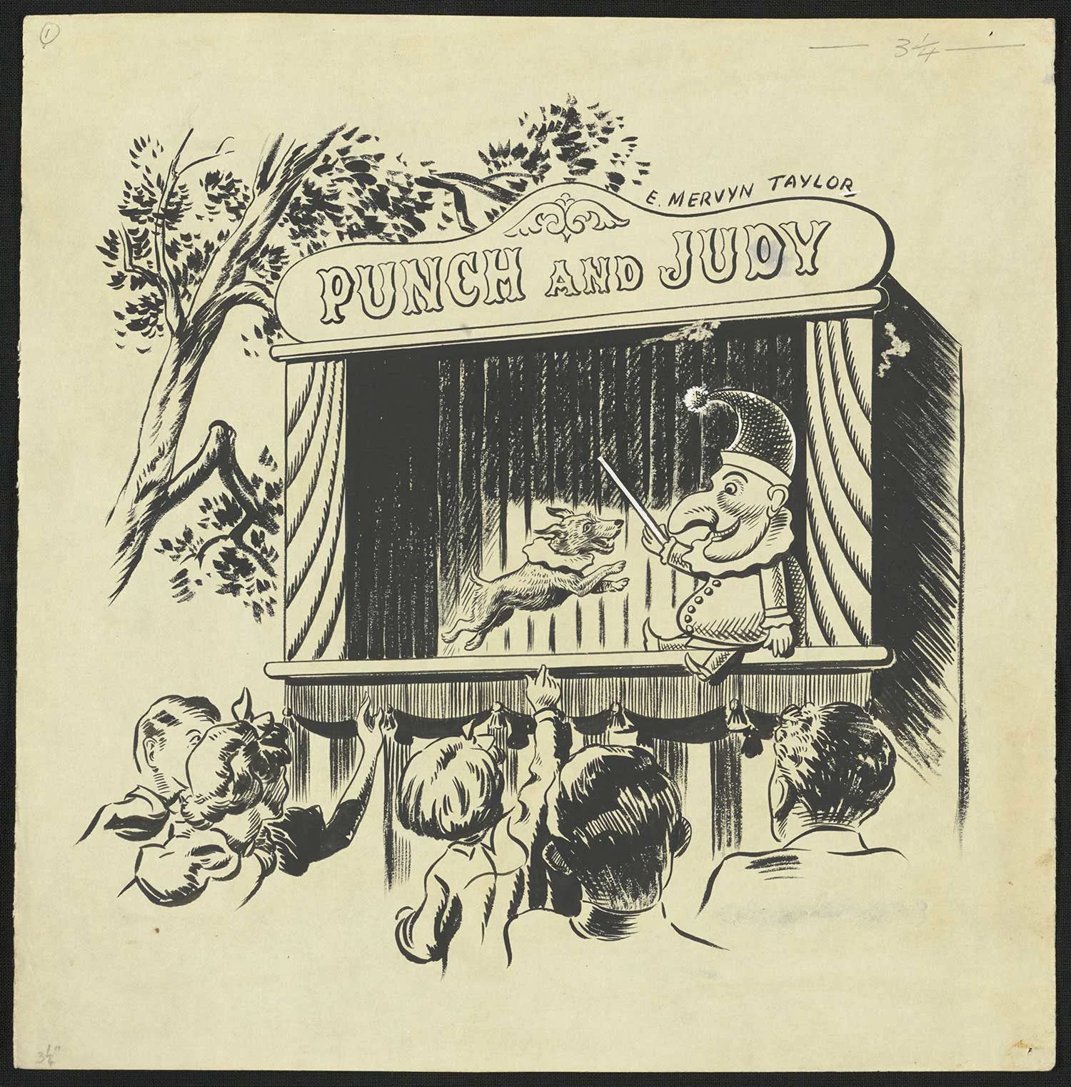 Black print on an old yellowed paper showing a dwarf and a dog on a stage, some kids watching them and words written Punch and Judy on the stage
