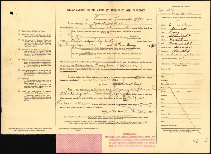 Alfred Hubert West passport application