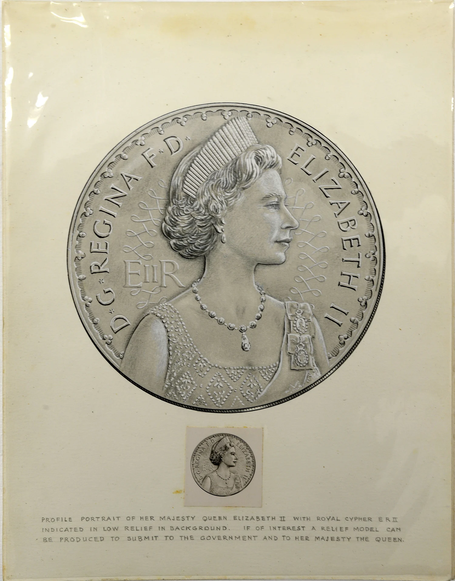 Pencil drawing of a woman with short hair on an old yellowed paper with words written D G REGINA F D ELIZABETH 2 with some text below the drawing