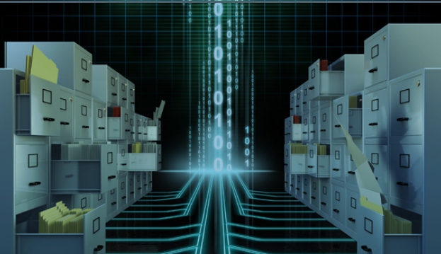 Filing cabinets on left and right, files popping out from some, with a string of code stretching from the bottom cabinets through the ground