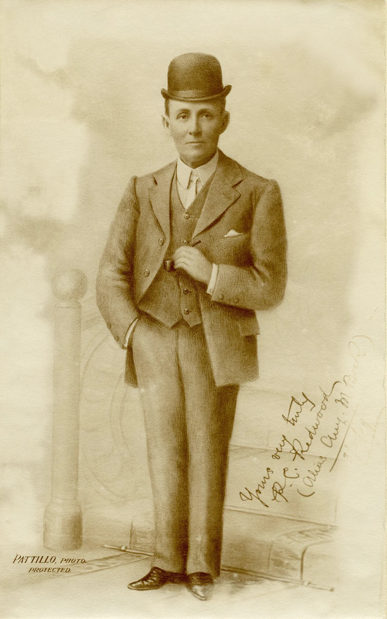 An illustration of Amy Bock dressed in a men's suit wearing a bowler hat and holding a pipe.