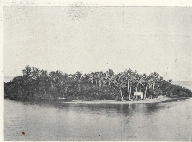 Black and white photo of an atoll