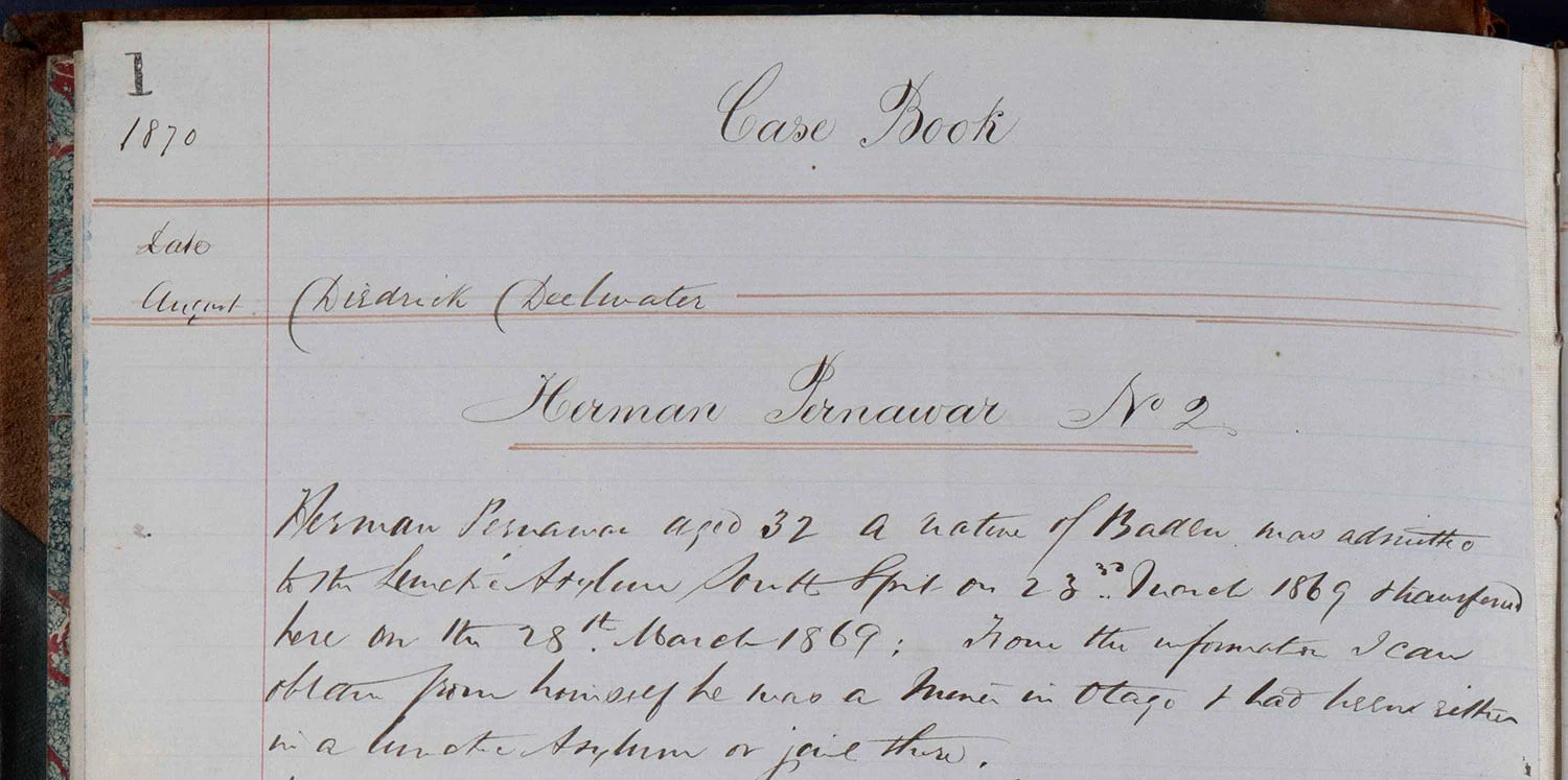 Case book showing admission of Herman Pernawar to Seaview March 1869