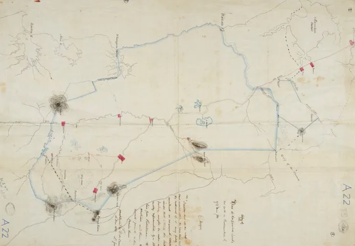Map hand-drawn in ink on yellowed paper. with red markings, blue and dotted lines 