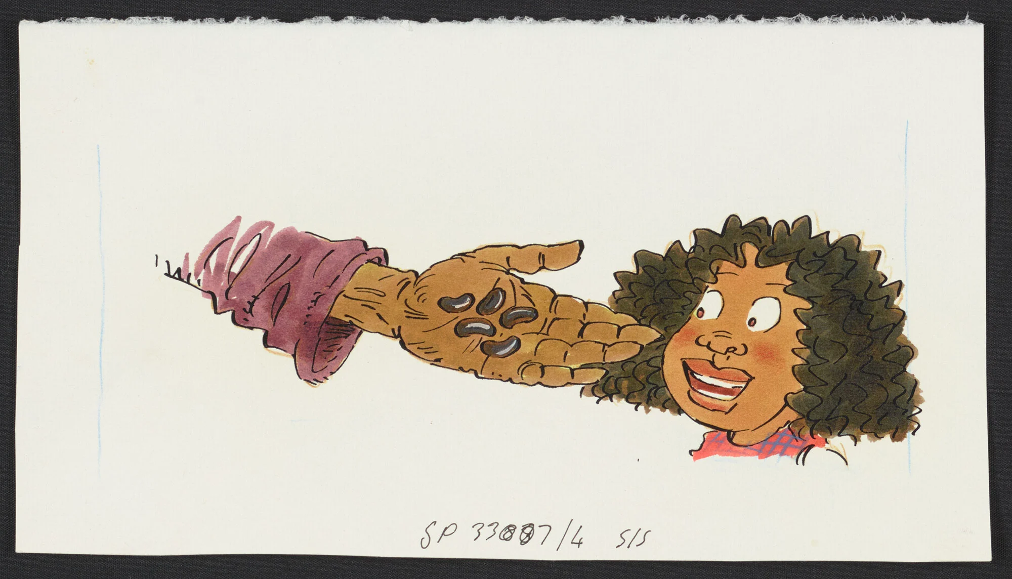 Coloured illustration of a smiling girl with short curly hair, a hand on the left holding some beans