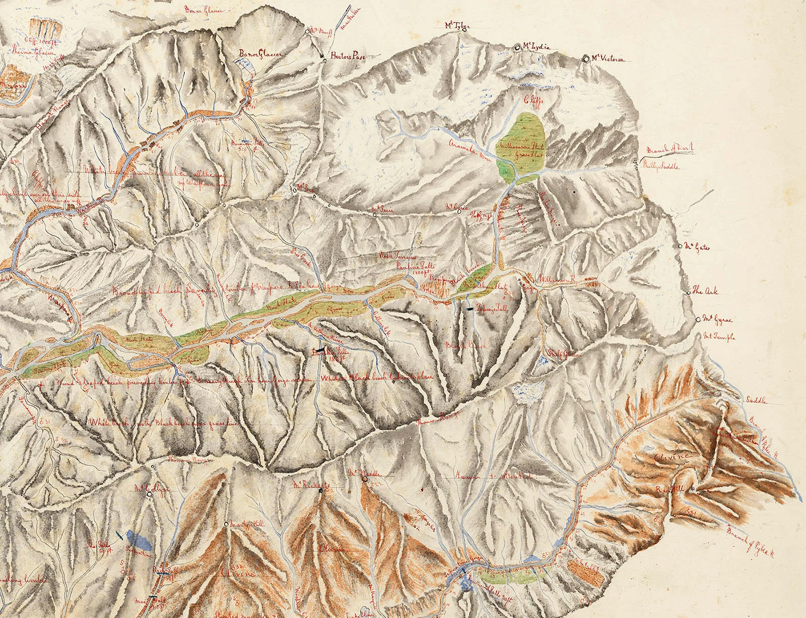 Portion of hand drawn map showing mountain range.