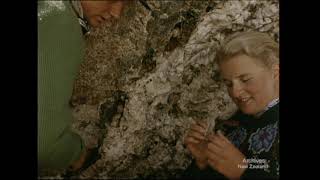 A still from 'The Glacier Climbers'. A woman holds a crystal she has just found in her hands, smiling.