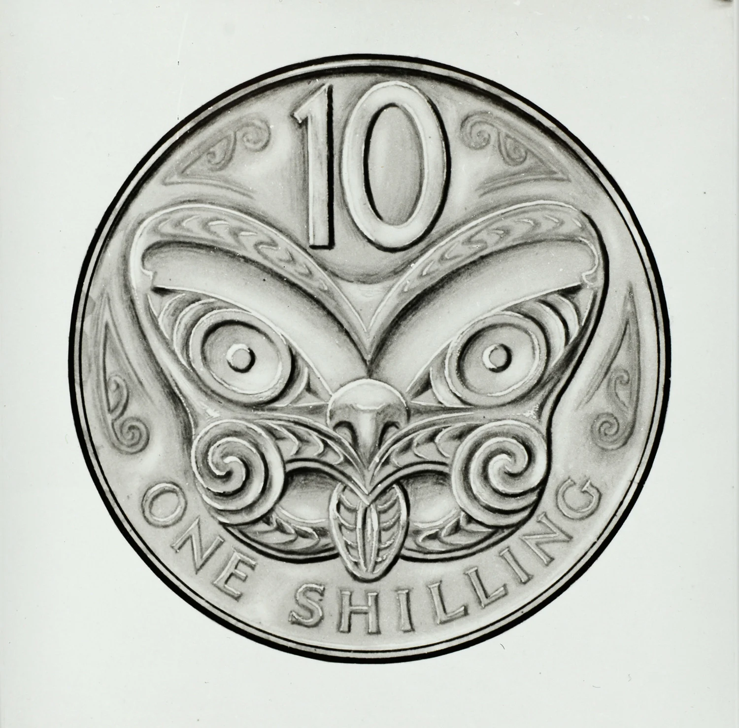 Detailed pencil drawing of tiki, number 10 and the word one shilling written in a circle