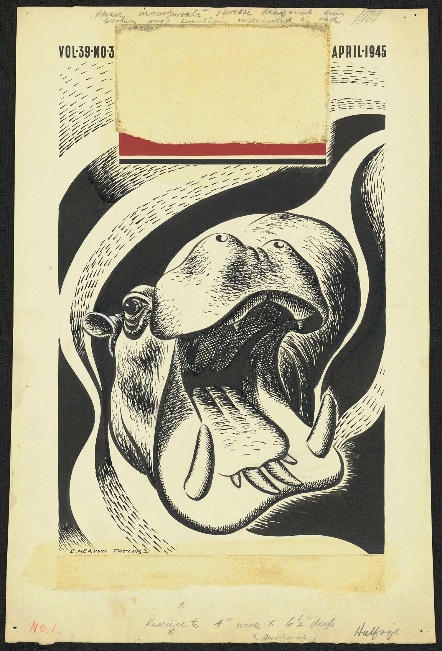 Black print on an old yellowed paper of a closeup of a hippopotamus with bold black and dotted patches in the background