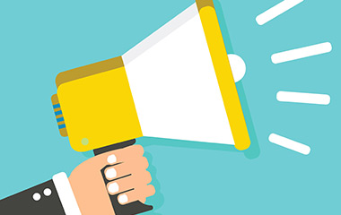 An illustration of a hand holding a yellow and white blow horn, on a Teal background