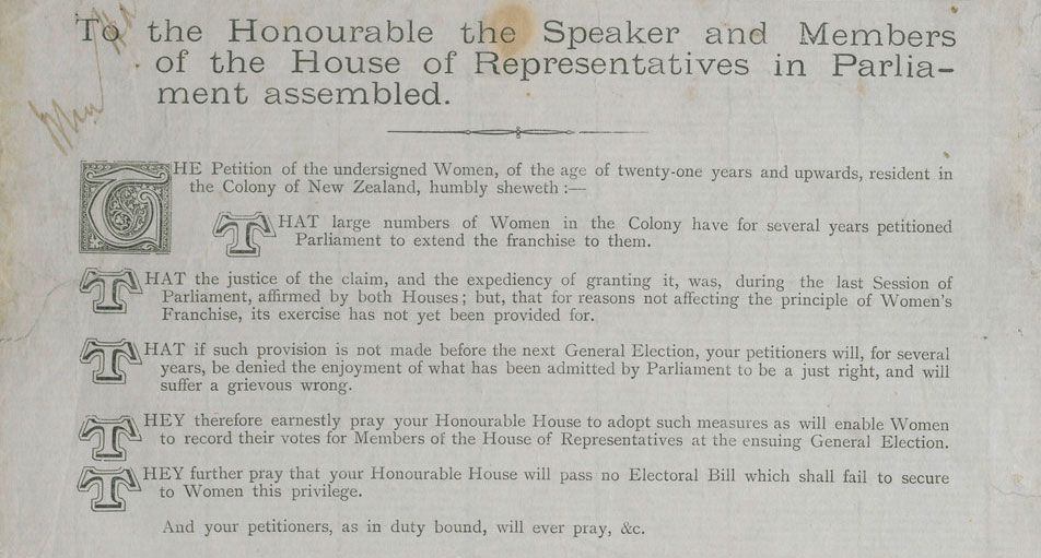 Text written on an old grey paper with a heading and the first letter of each sentence written in a calligraphic style. 