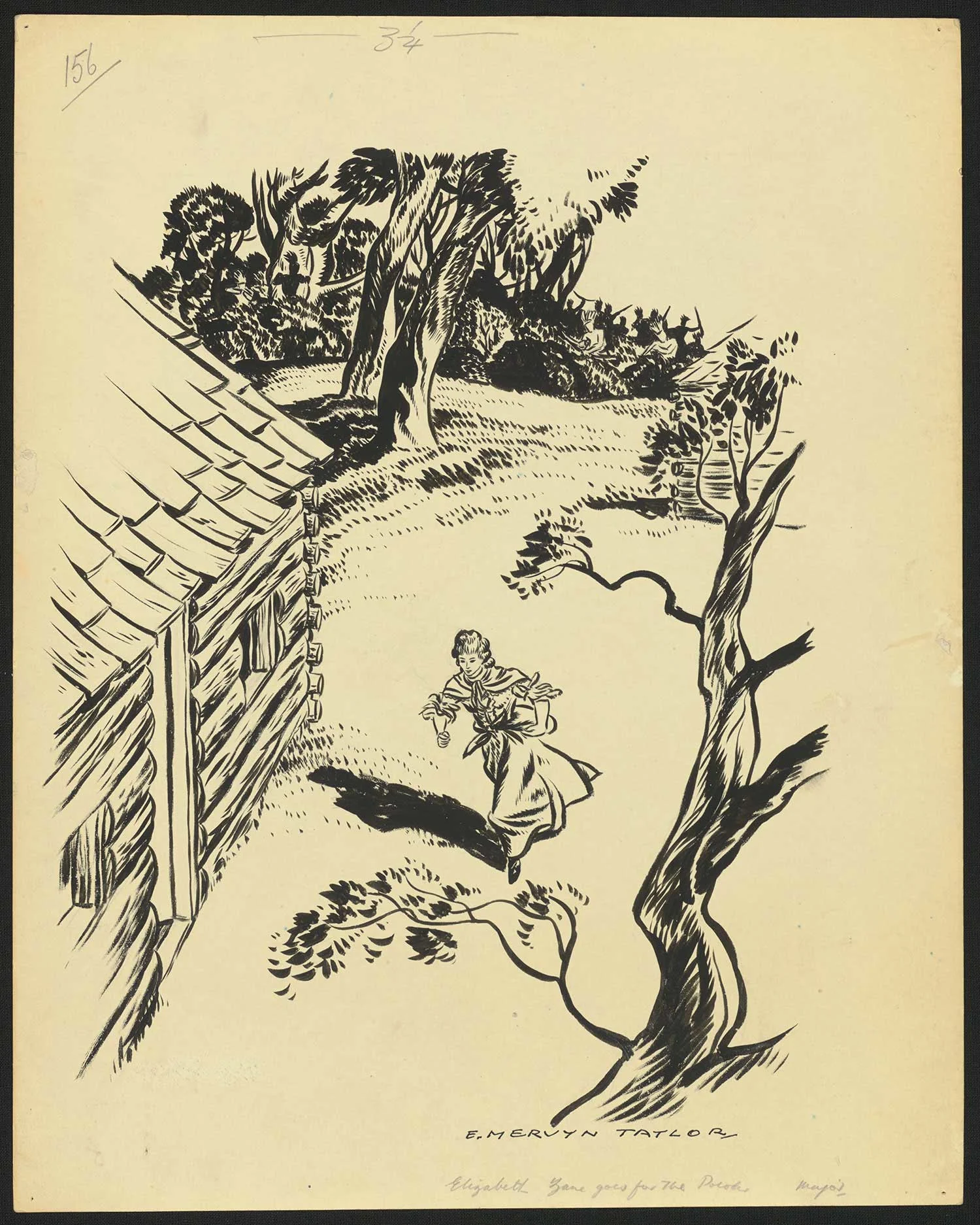 Black print on an old yellowed paper showing a woman walking, a house on the left and trees behind