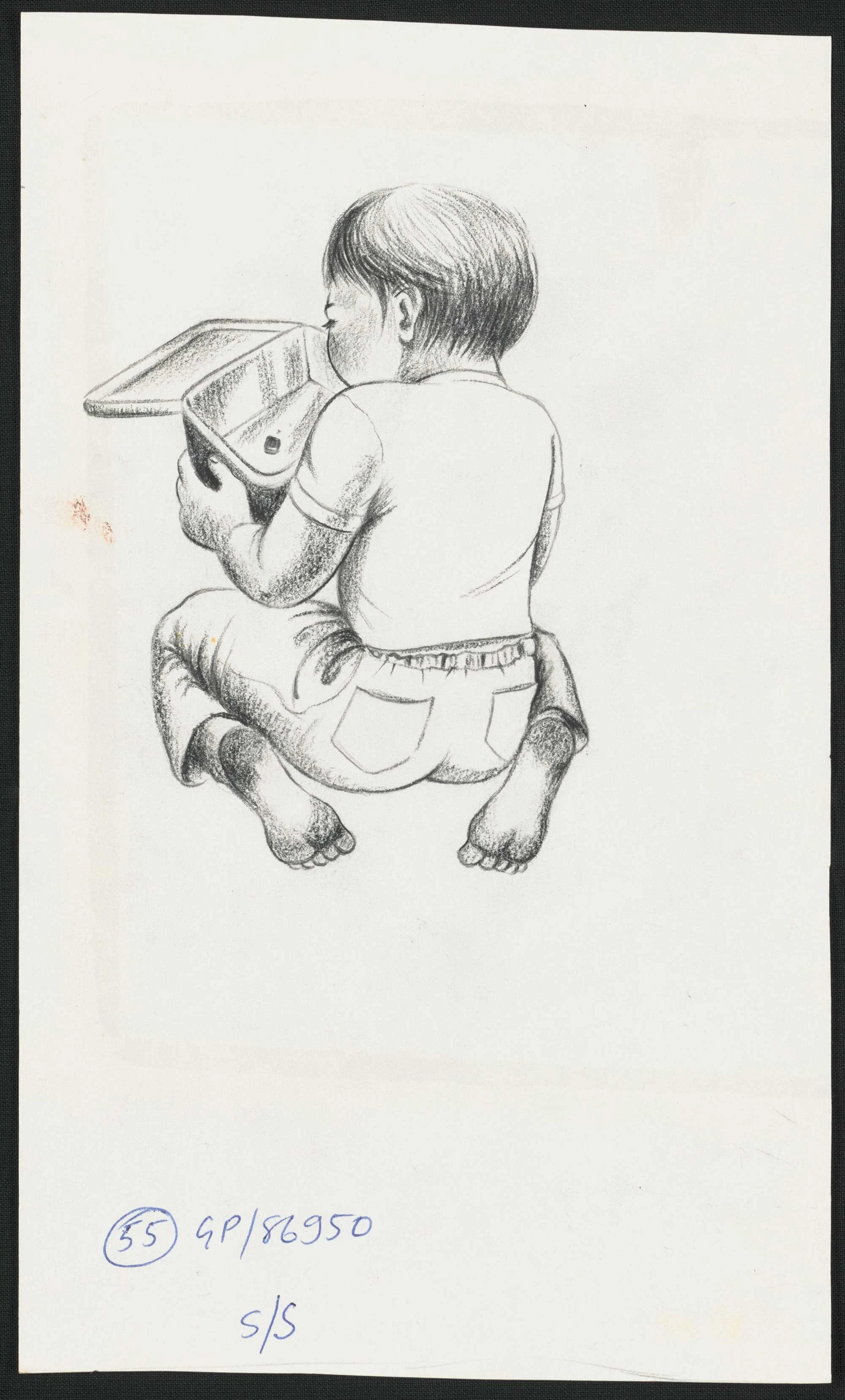 Pencil sketch of a young boy sitting with his back facing and holding an empty lunch box 