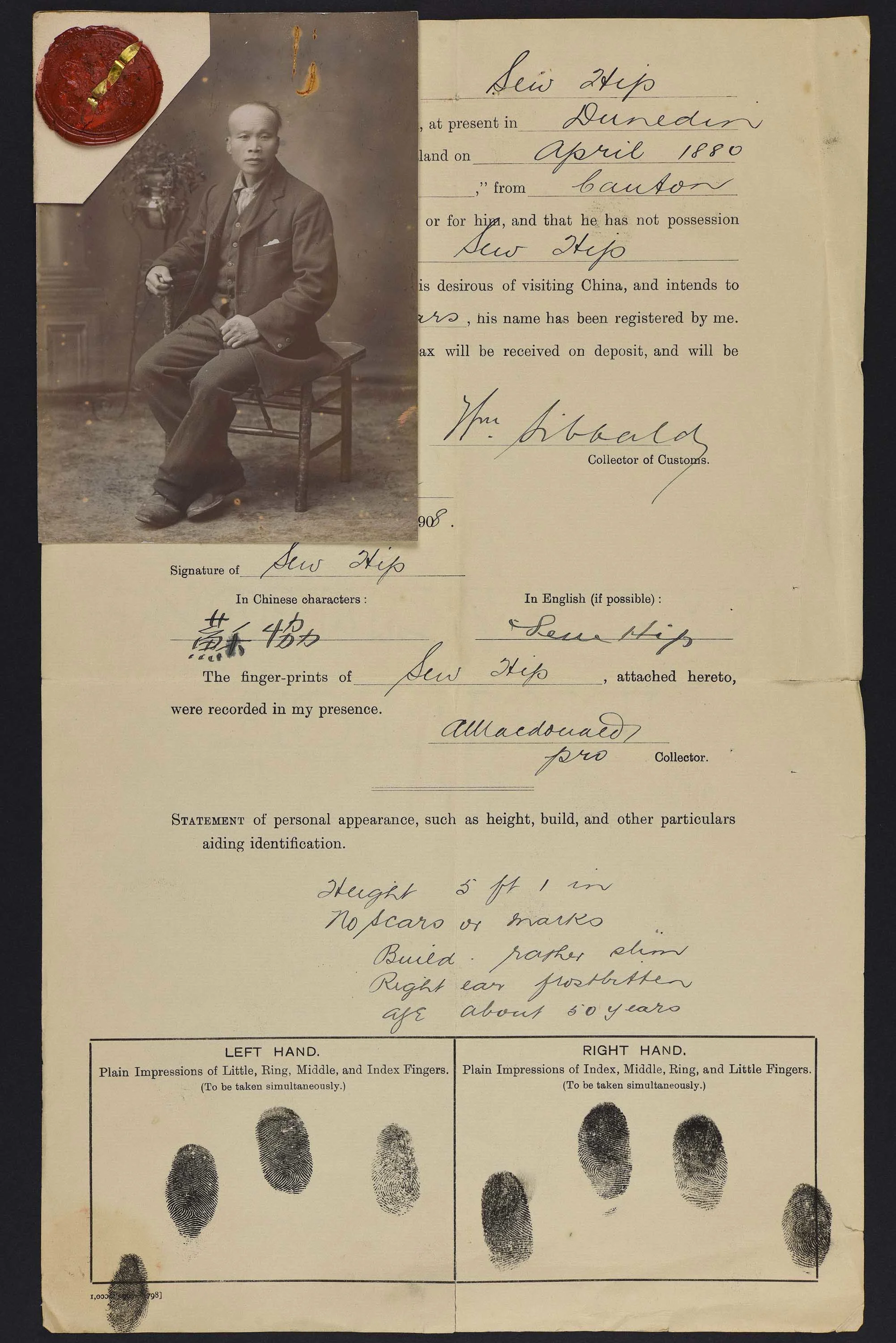 Sepia photo of a seated Chinese man attached to his immigration record.