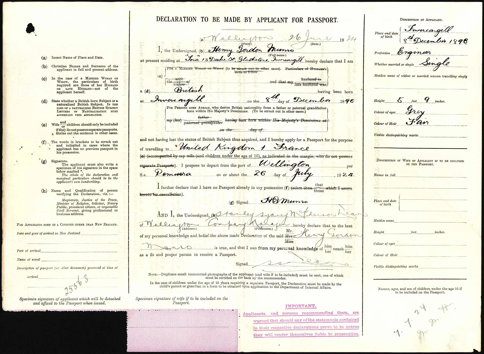Henry Gordon Munro passport application