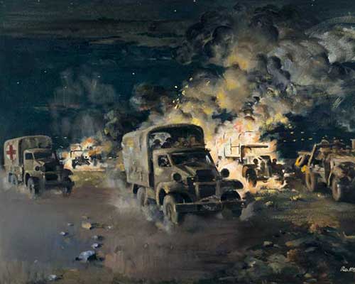 A painting of a war scene. A group of vehicles are on dusty terrain. Some are engulfed in flames.