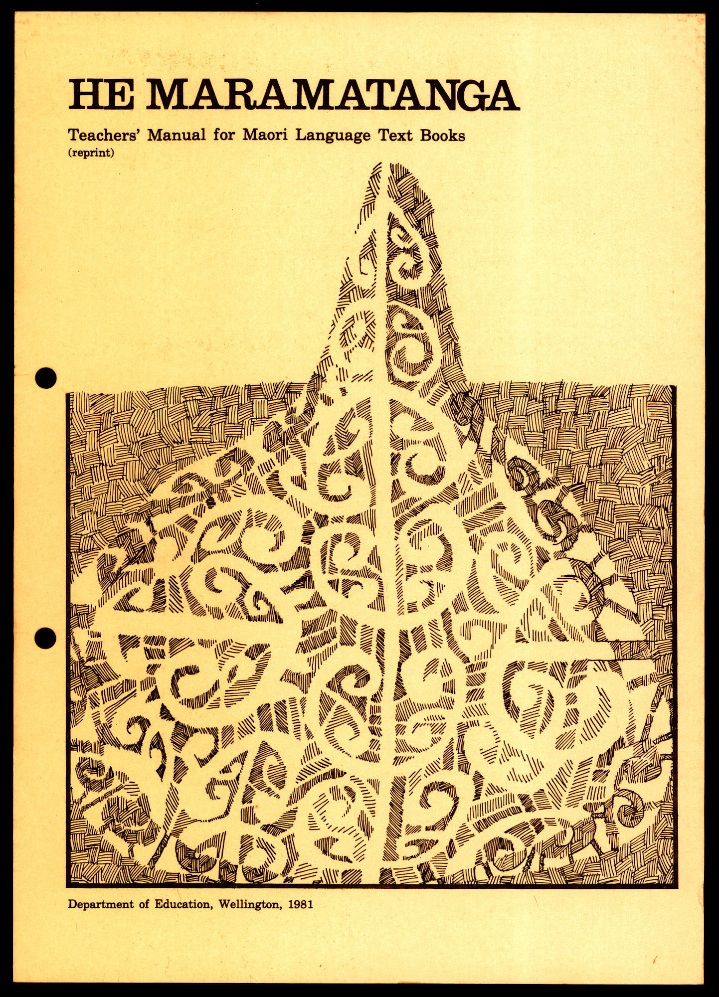 Old yellowed paper book cover for a teachers' manual featuring Māori art