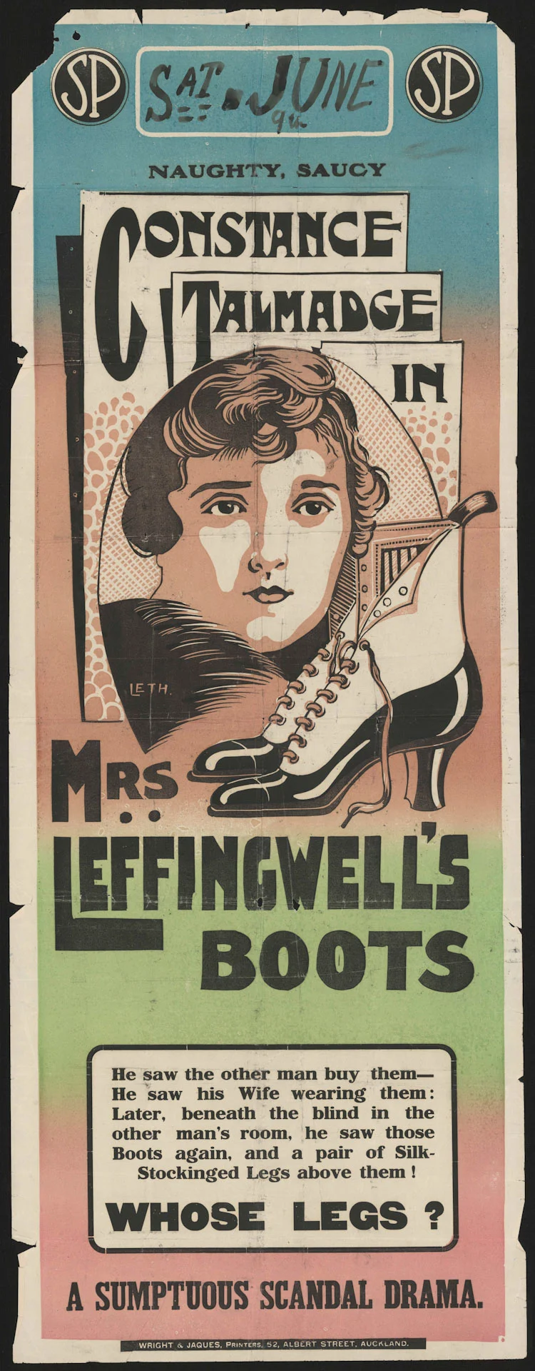 A clipping of an old movie advertisement saying 'Naughty, Saucy Constance Talmadge in Mrs Leffingwell's boots' and 'A sumptuous scandal drama'.