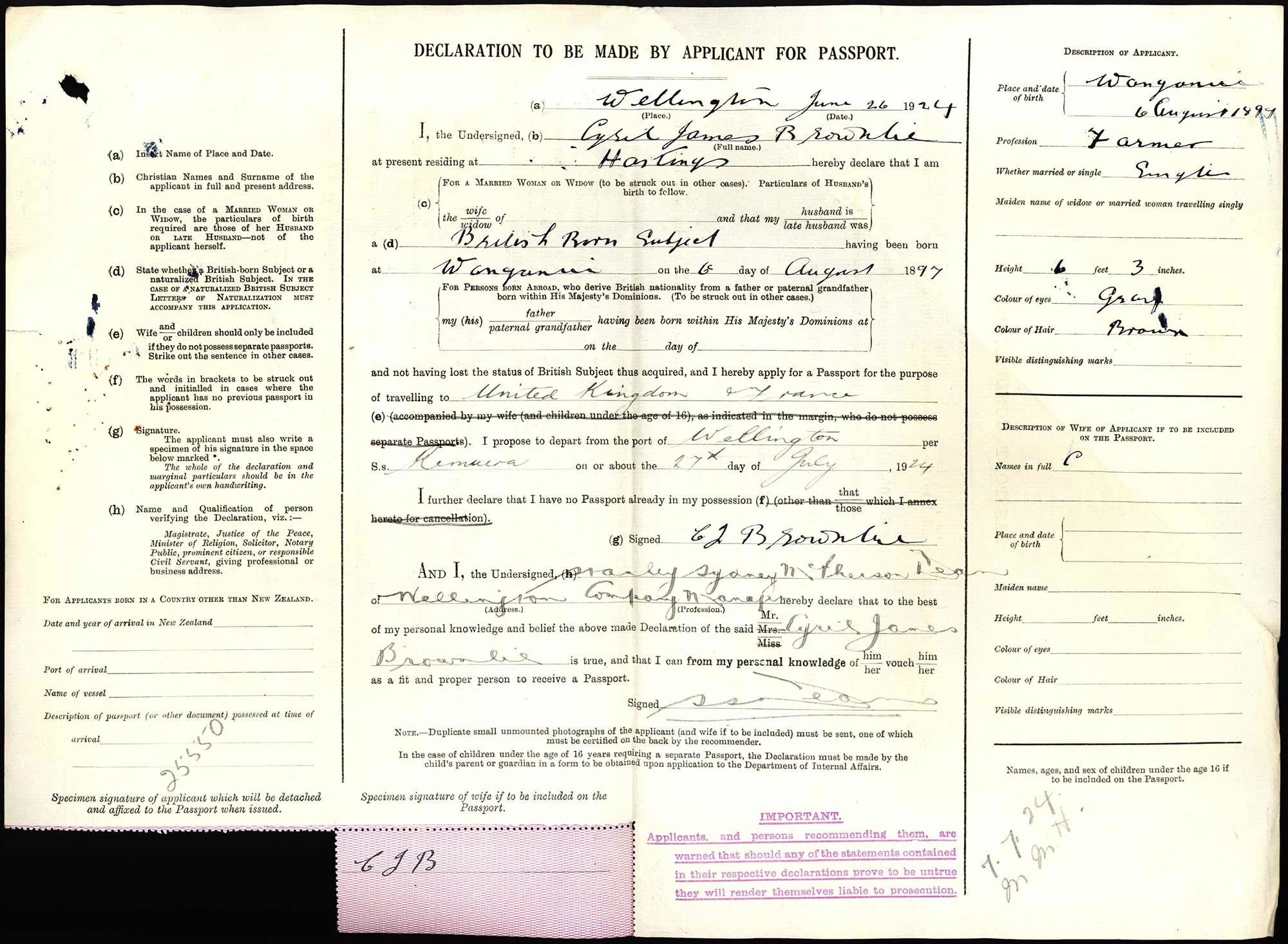 Cyril James Brownlie passport application