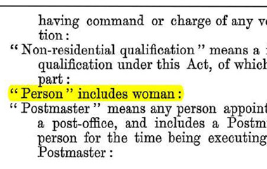 A passage of text with the phrase '"Person" includes woman' highlighted