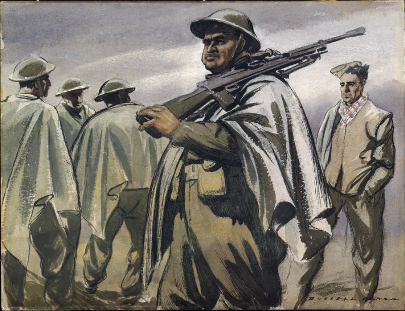 pencil and wash image of a Māori man in uniform holding a rifle across his left shoulder while walking. Other men are in the background in uniforms. 