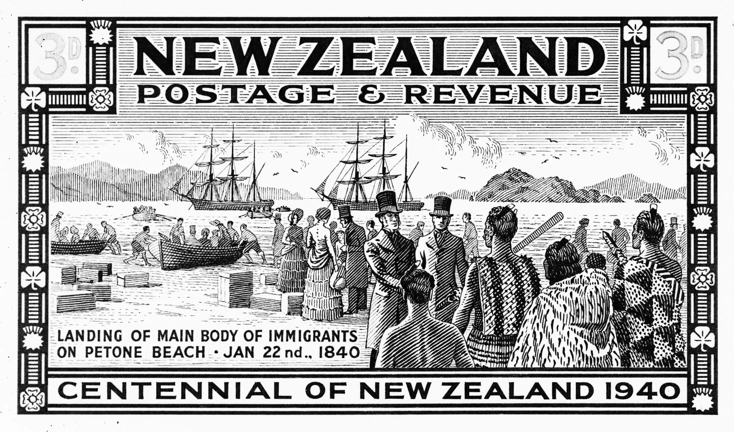 A stamp design featuring some European and Māori men standing on a beach, two large ships in the background