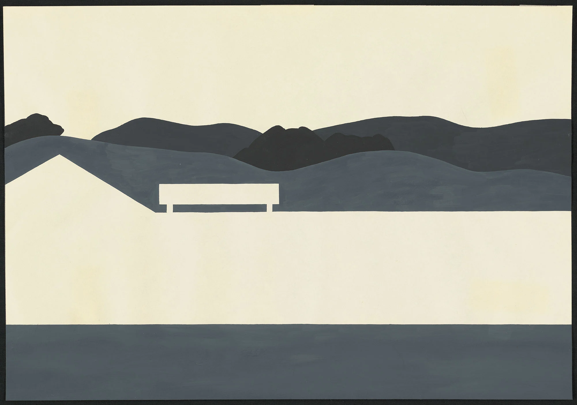 Illustration of a simplified landscape showing mountains in black and grey shades and a silhouette of bench and house in the front