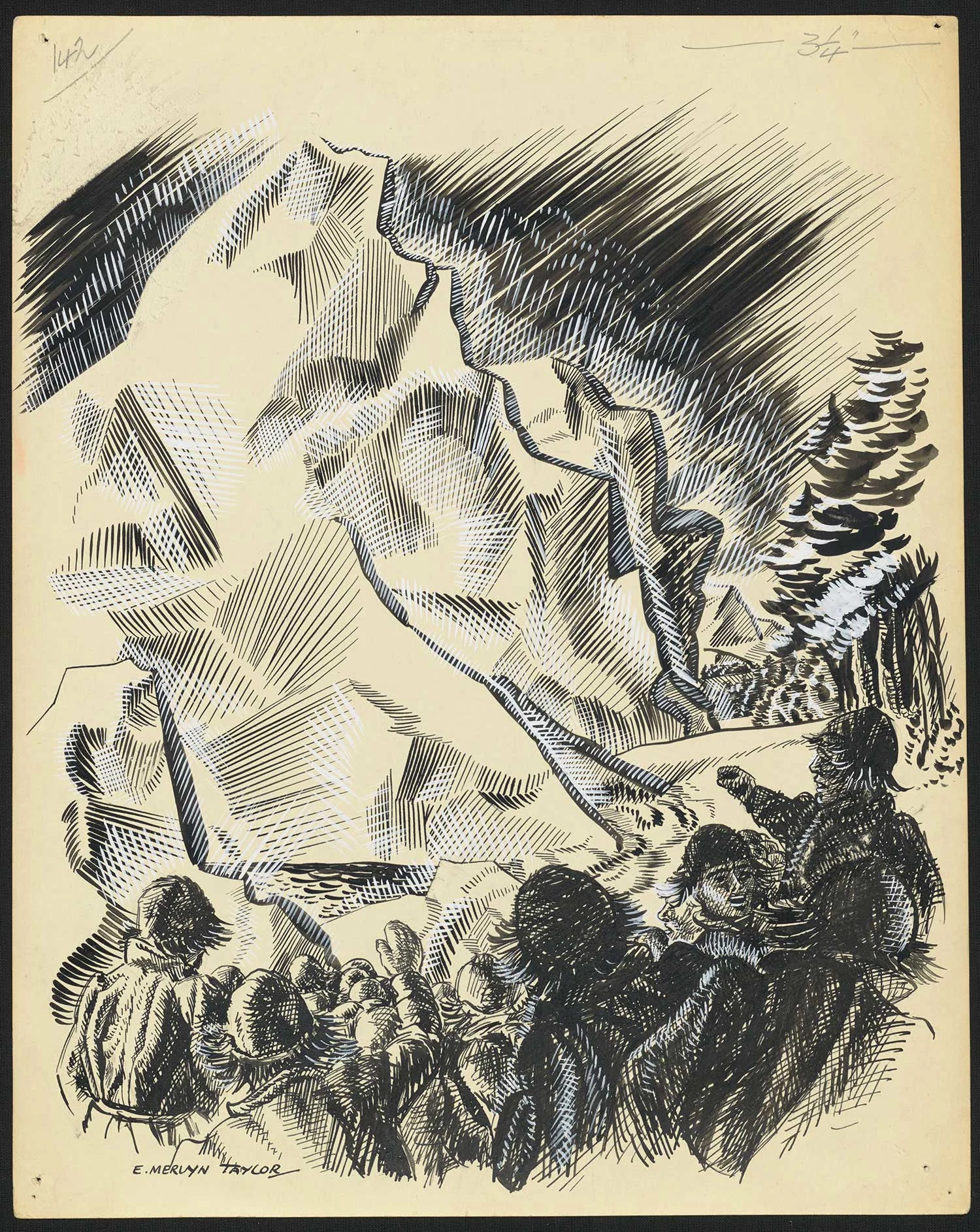  Black print on an old yellowed paper showing a group of people standing in the front and tall mountains at the back. 