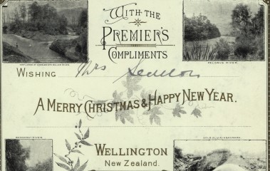 Calligraphic writings in English, on an old yellowed paper and four black and white photos in each corner 