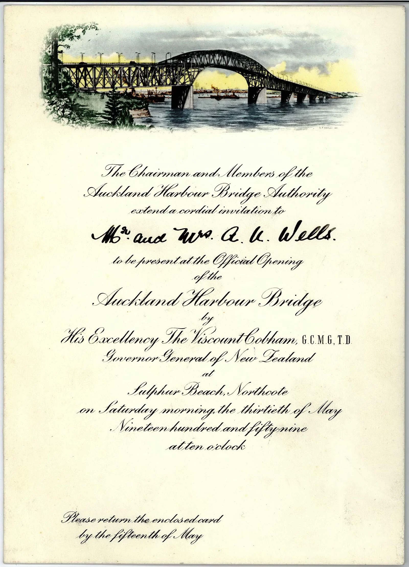 A scanned image showing the invitation to the opening ceremony of Auckland Harbour Bridge