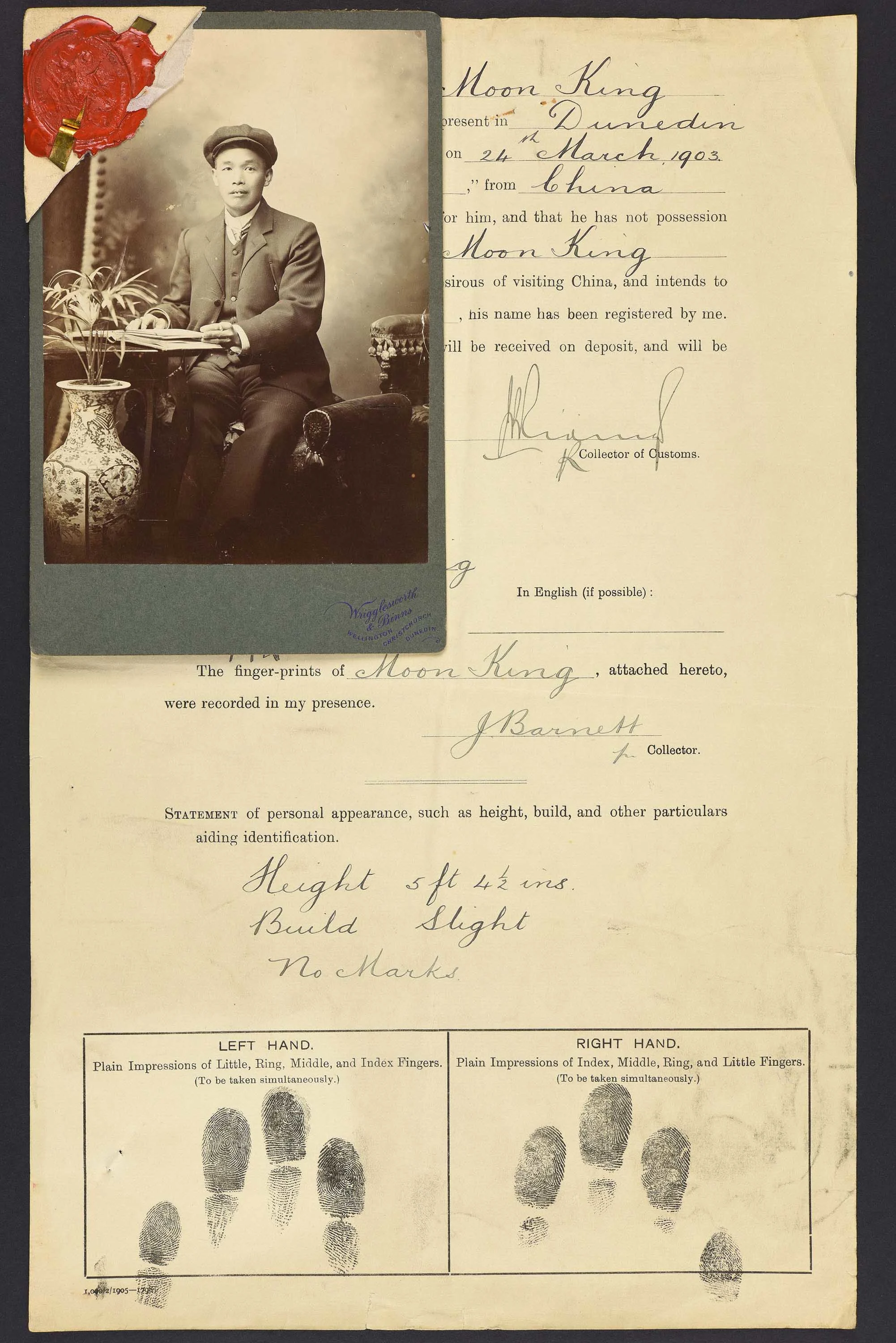 Sepia photo of a seated Chinese man attached to his immigration papers.