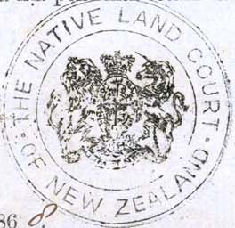 Black and white circular seal with words 'The native land court of New Zealand'.