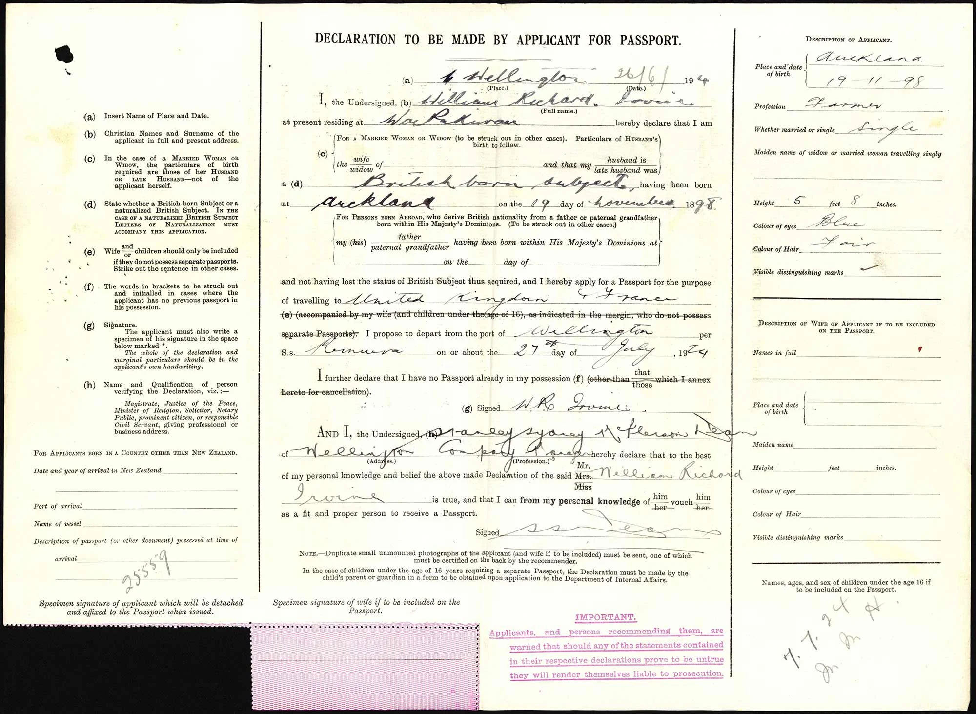 William Richard Irvine passport application