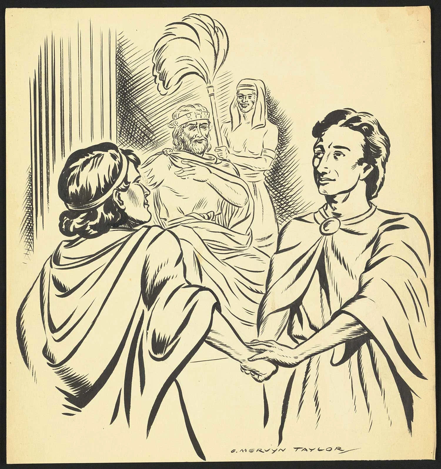 Black print on an old yellowed paper showing a man holding a hand of another man, a king sitting in the background and a fanbearer holding a fan