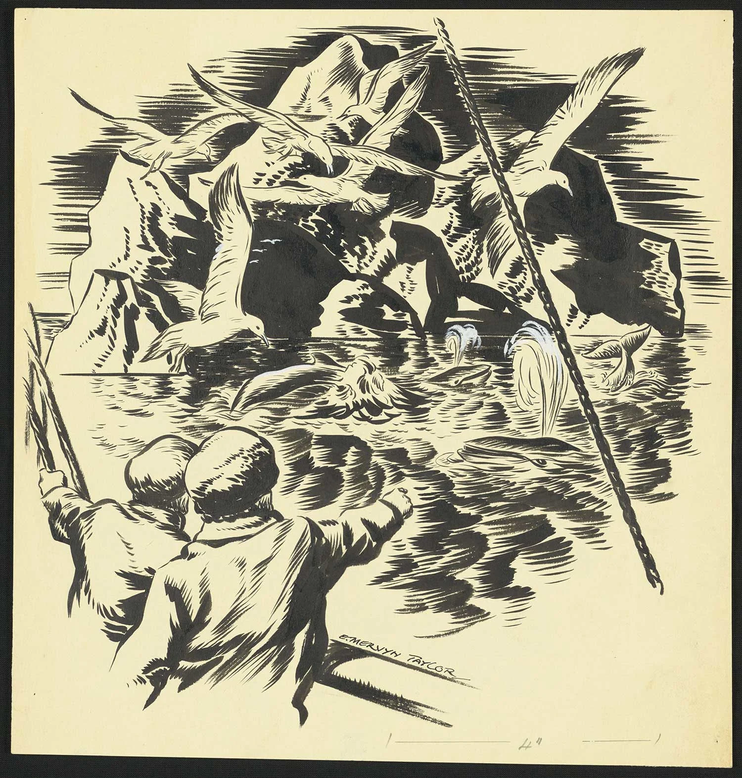 Black print on an old yellowed paper showing two men standing on a bot, dolphins jumping in the sea, birds flying in the sky 