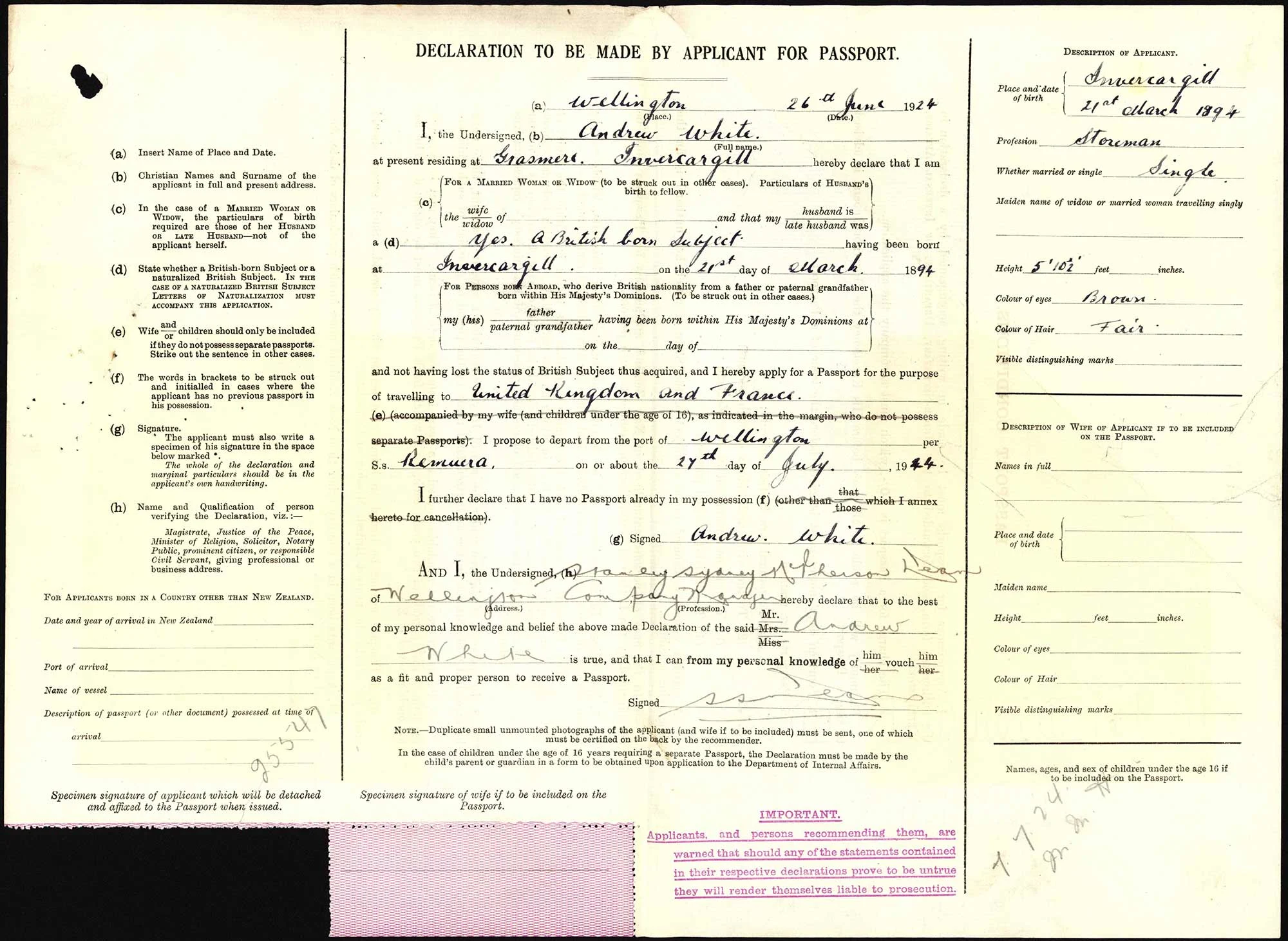 Andrew White passport application