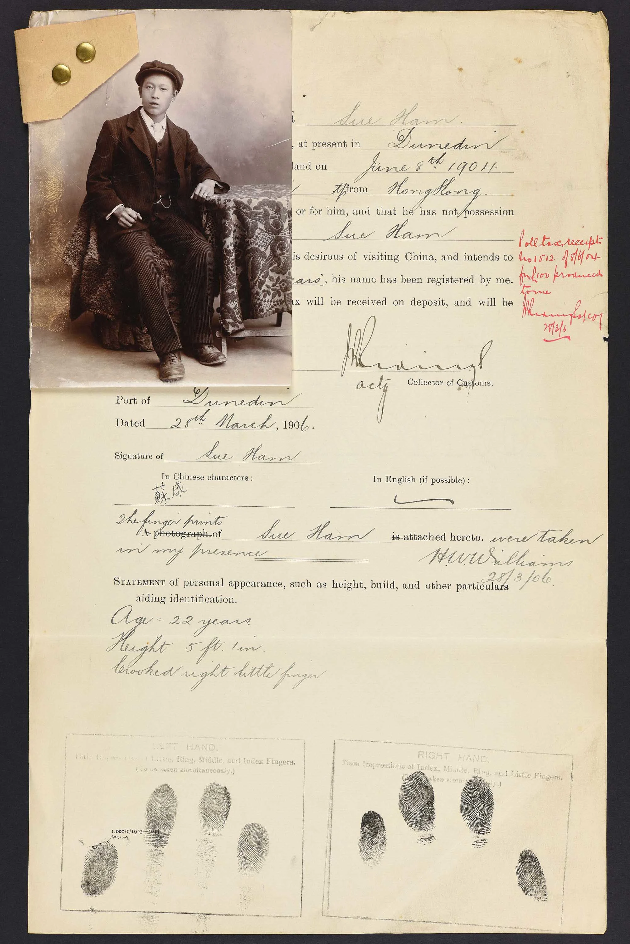 Sepia photo of a seated Chinese man attached to his immigration papers.