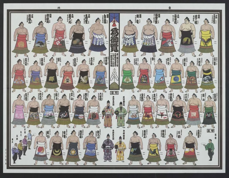 A poster showing numerous illustrated sumo wrestlers