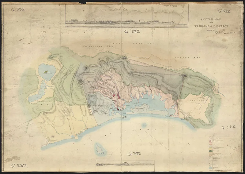 Detailed map with pale blue, green and pink colours on yellowed paper.