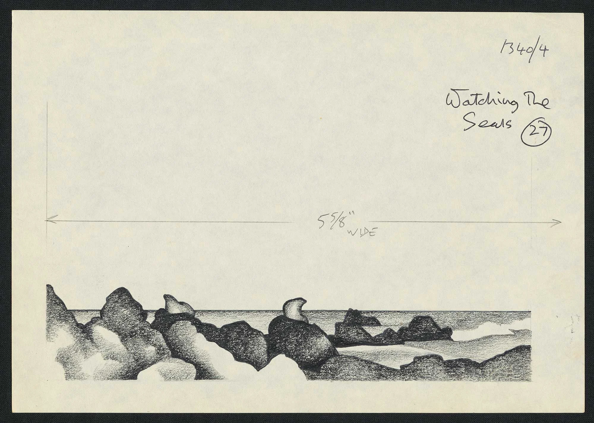 Black and white illustration of rocks on the shore with some text written on the top 