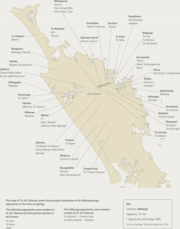 Map of the Waitangi principal residences of the signatories of He Whakaputanga