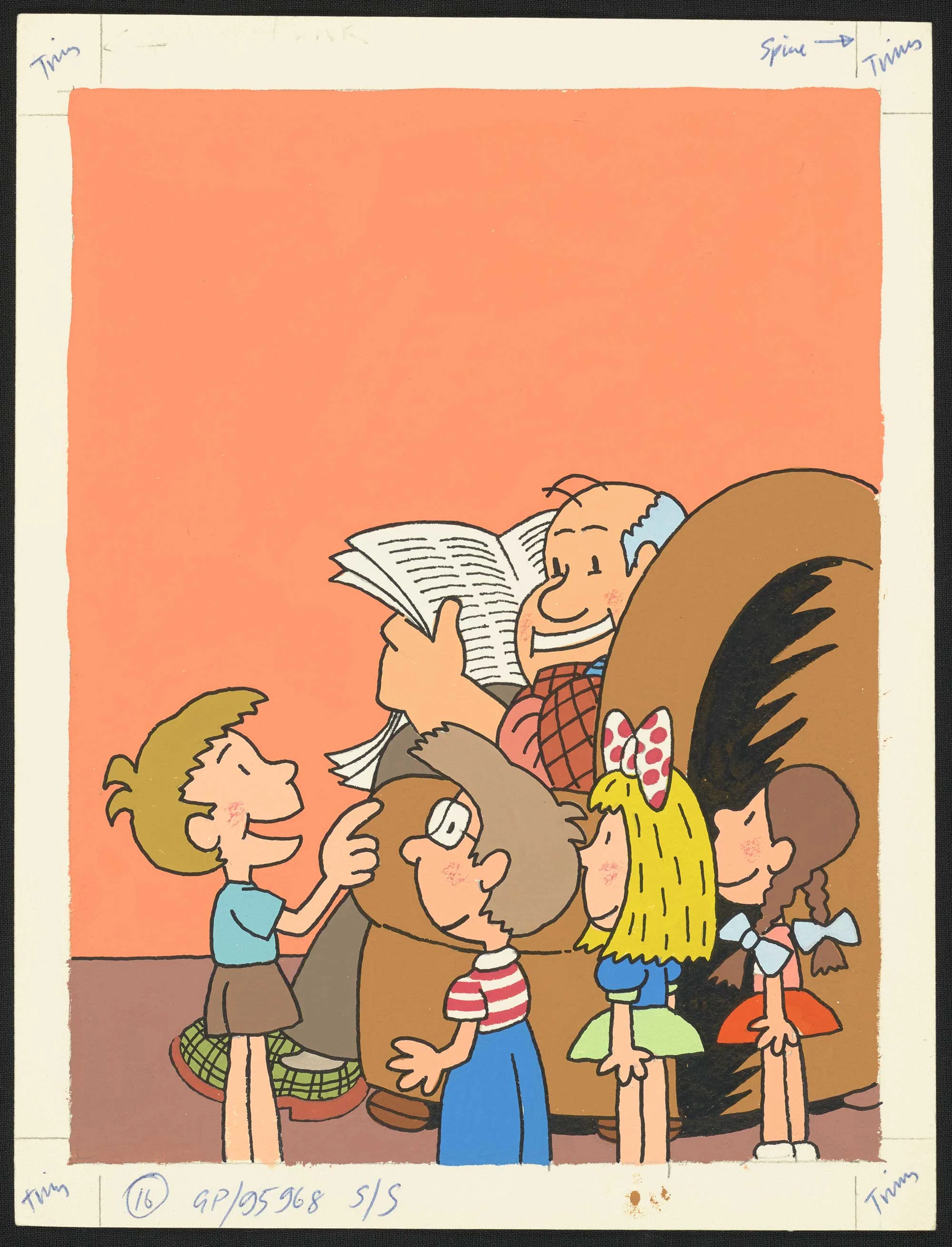 Coloured illustration with an old man sitting on an arm chair reading a newspaper, four kids standing in the front and talking to each other.